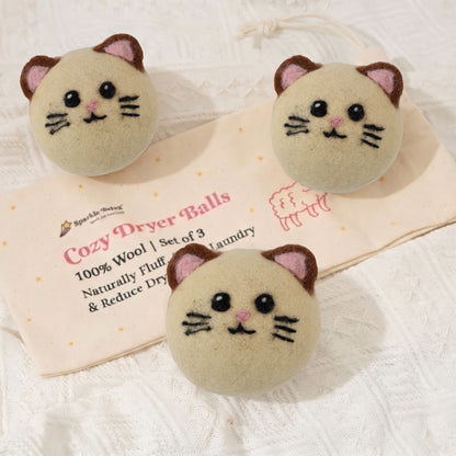Cream Cat Wool Dryer Balls with 3D Ears – Set of 3