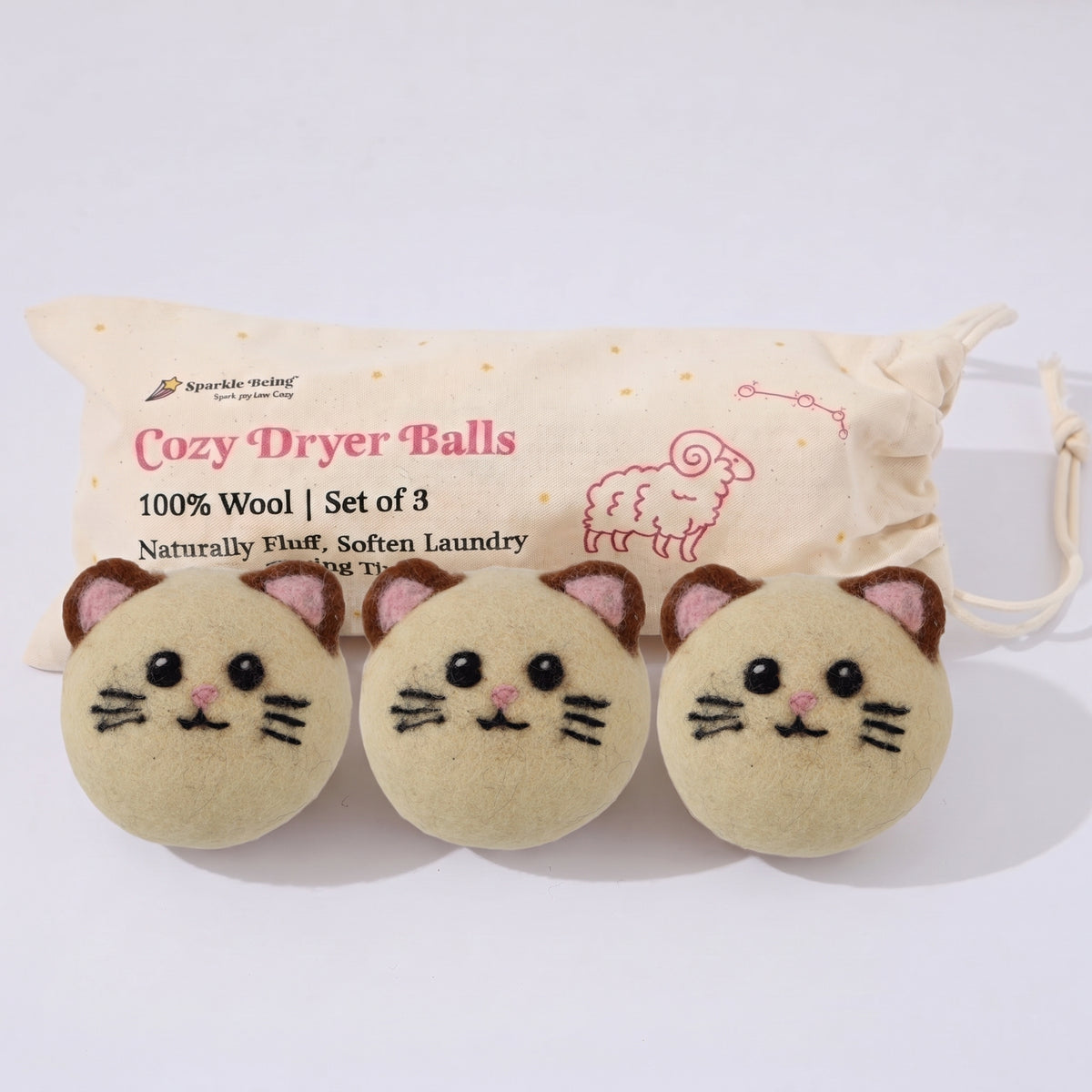 Cream Cat Wool Dryer Balls with 3D Ears – Set of 3