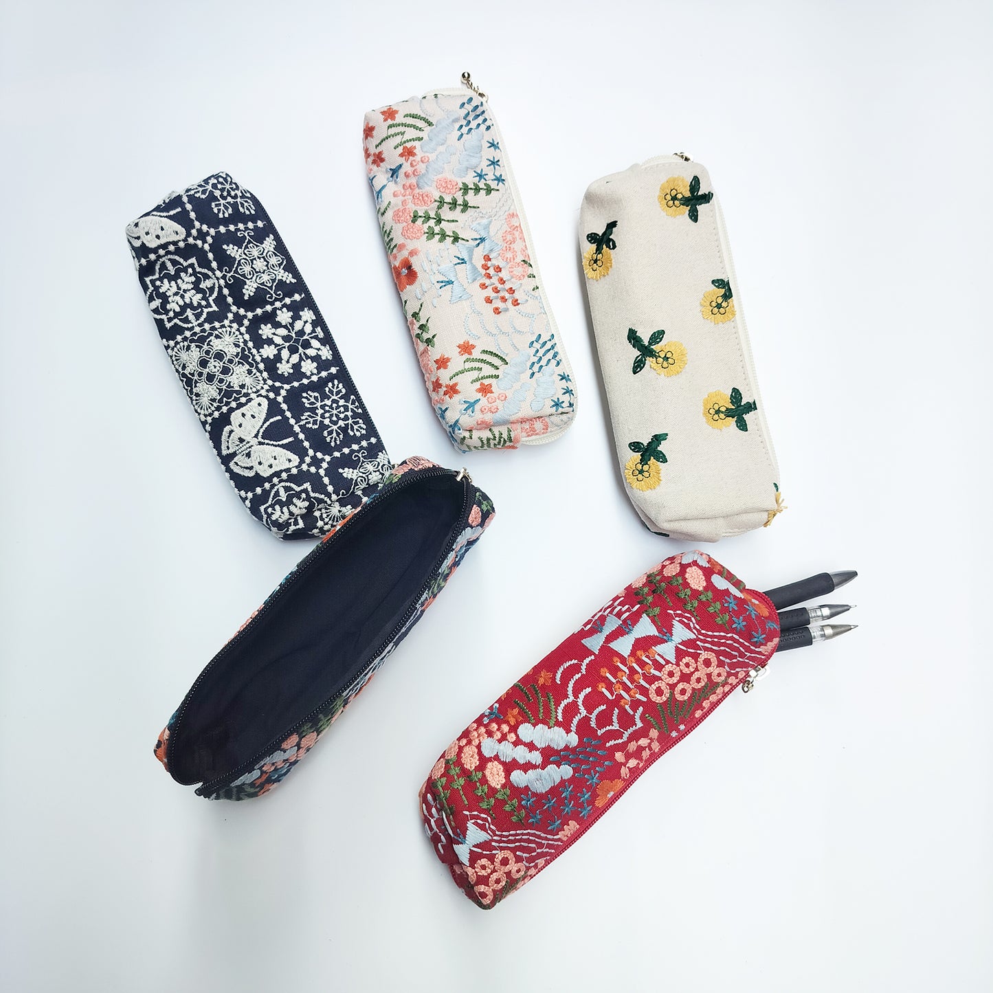 Embroidered Pencil Pouch – Zippered Pen Case (Floral Cloud (Black)