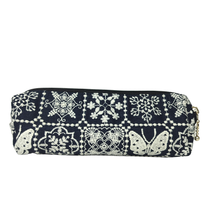 Embroidered Pencil Pouch – Zippered Pen Case (Moth Navy)