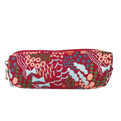 Embroidered Pencil Pouch – Zippered Pen Case (Floral Cloud (Red)