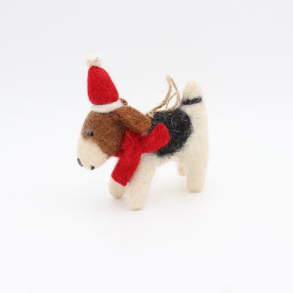 Felt Dog Ornament – Festive Pup with Scarf & Santa Hat