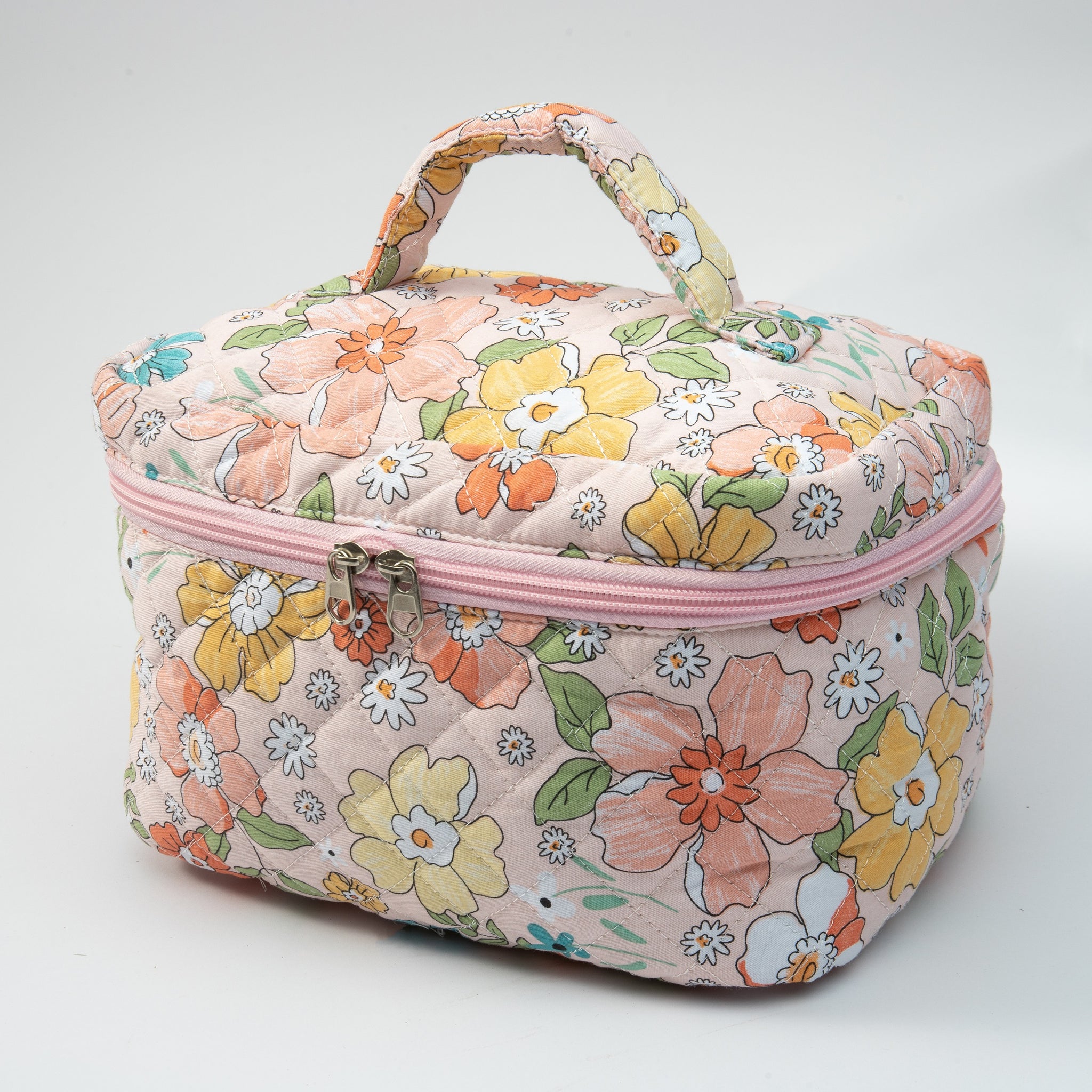Small Cosmetic Bag With Floral Quilted Makeup Pouch - Travel