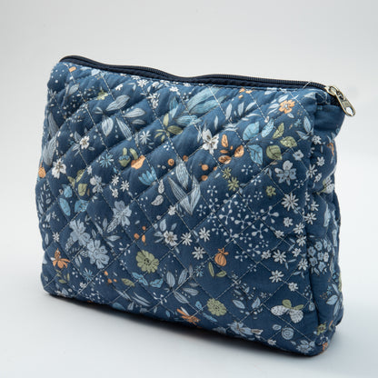 Whispering Flowers Quilted Makeup Bag - Small Pouch Travel Toiletry Organizer