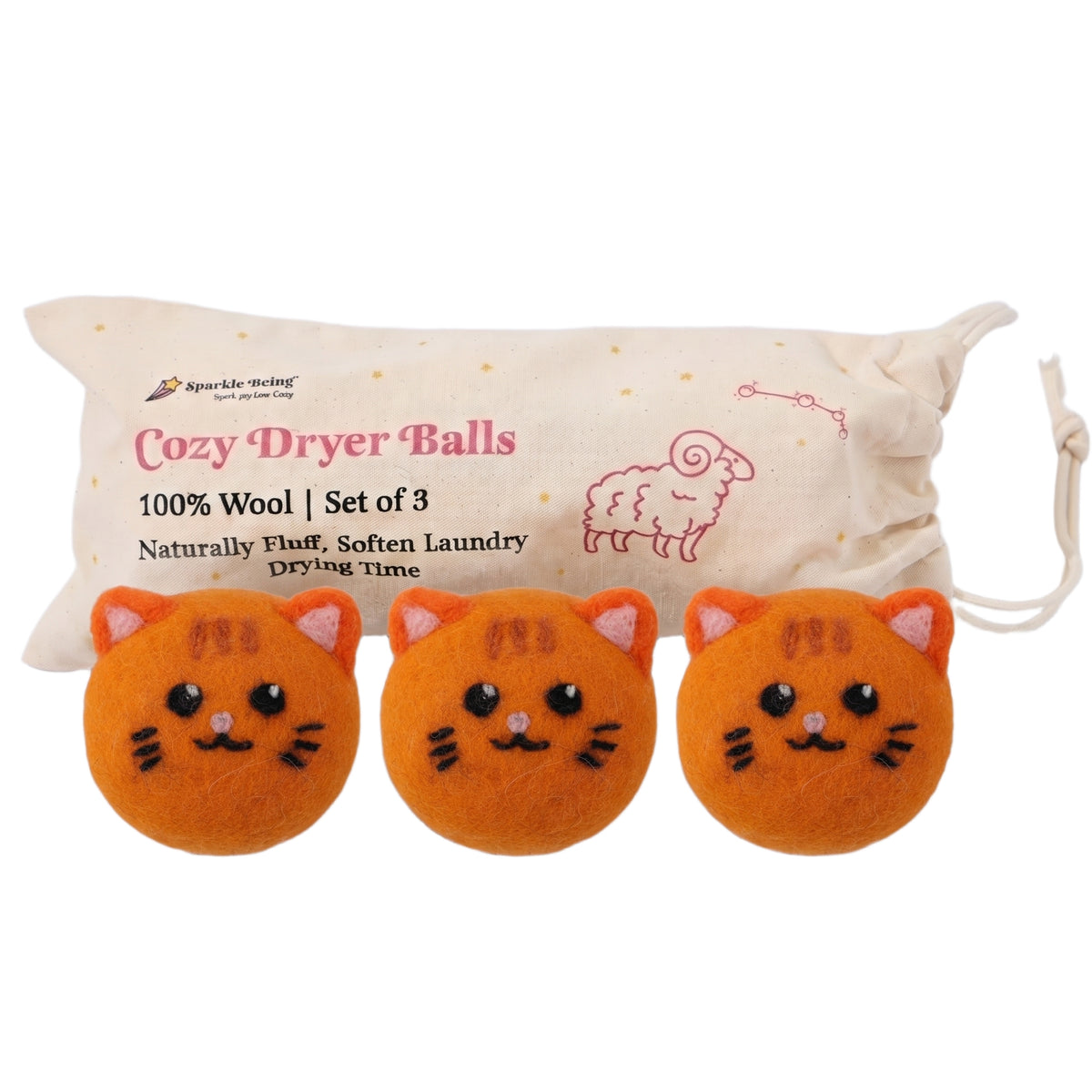 Ginger Cat Wool Dryer Balls with 3D Ears – Set of 3