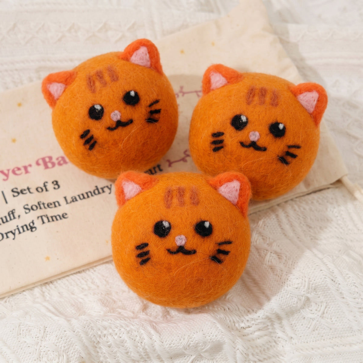 Ginger Cat Wool Dryer Balls with 3D Ears – Set of 3