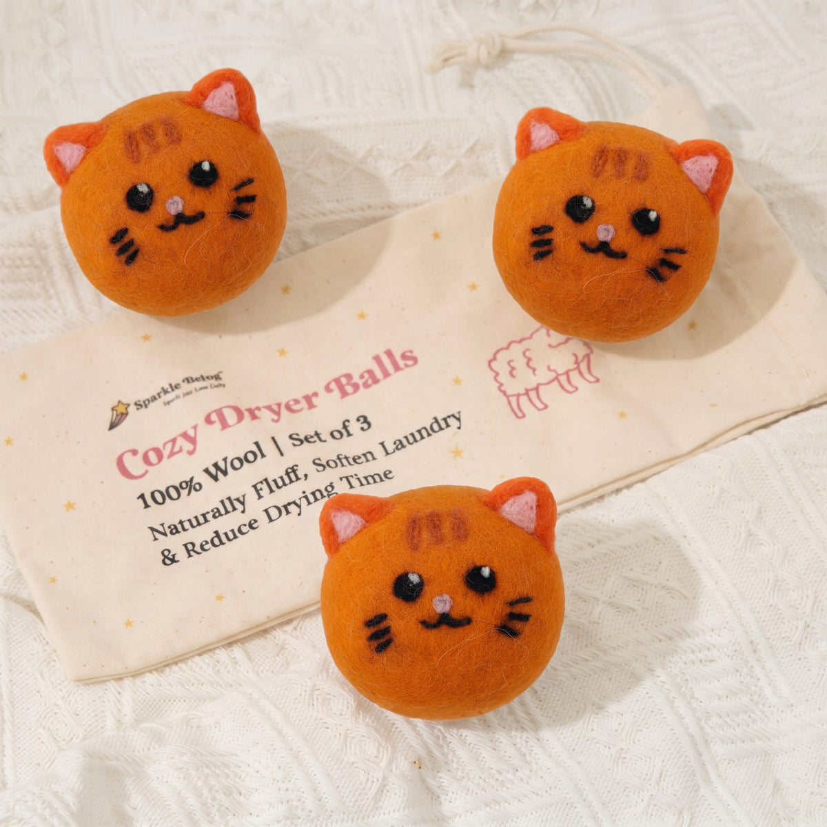 Ginger Cat Wool Dryer Balls with 3D Ears – Set of 3