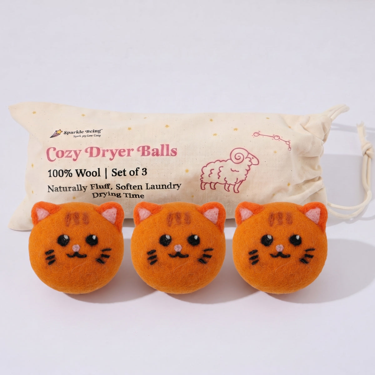 Ginger Cat Wool Dryer Balls with 3D Ears – Set of 3