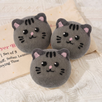 Gray Tabby Cat Wool Laundry Dryer Balls with 3D Ears – Set of 3