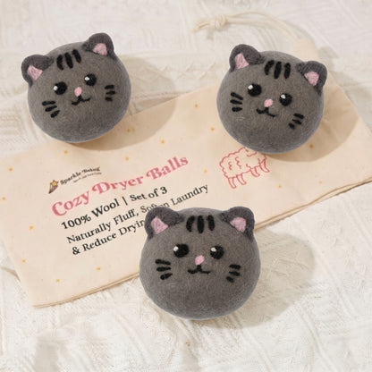 Gray Tabby Cat Wool Laundry Dryer Balls with 3D Ears – Set of 3