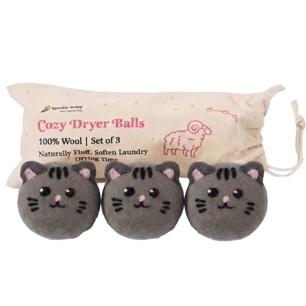 Gray Tabby Cat Wool Laundry Dryer Balls with 3D Ears – Set of 3