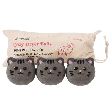 Gray Tabby Cat Wool Laundry Dryer Balls with 3D Ears – Set of 3
