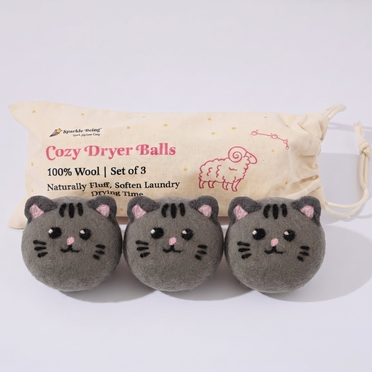 Gray Tabby Cat Wool Laundry Dryer Balls with 3D Ears – Set of 3