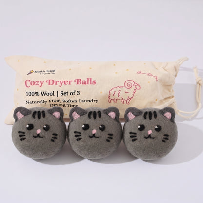 Gray Tabby Cat Wool Laundry Dryer Balls with 3D Ears – Set of 3