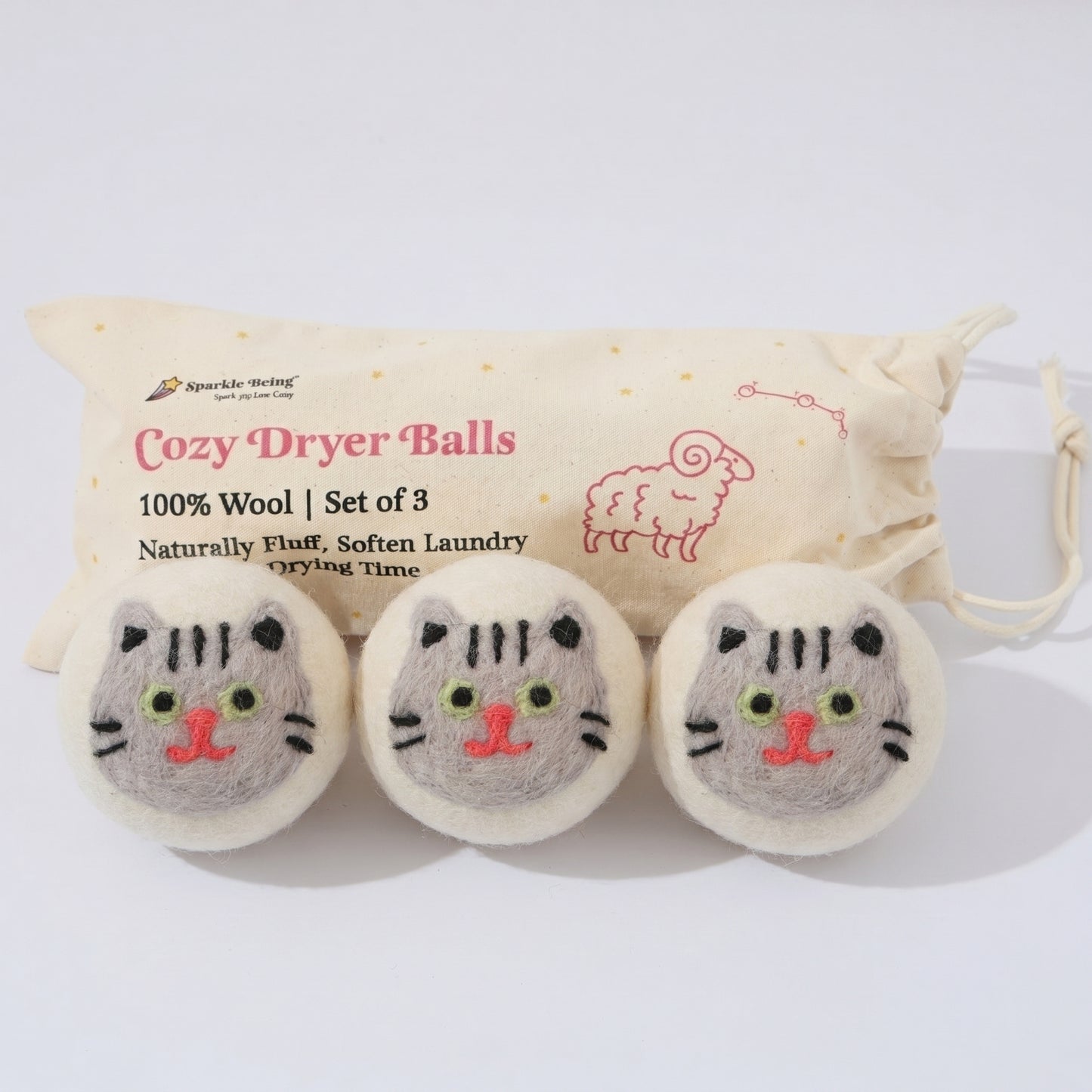 Gray Cat Eco Wool Dryer Balls  – Set of 3