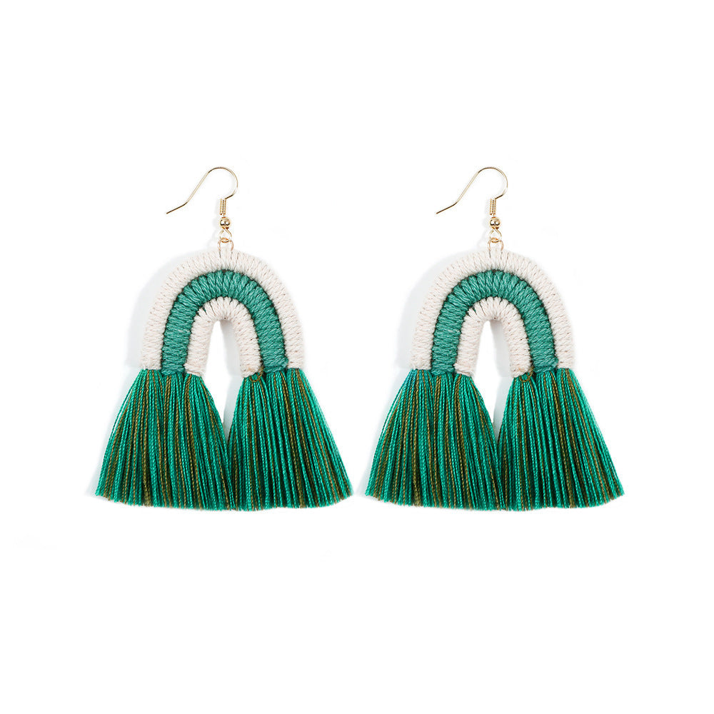 Rainbow Tassel Fringe Earrings – Handwoven Fiber Statement Dangles