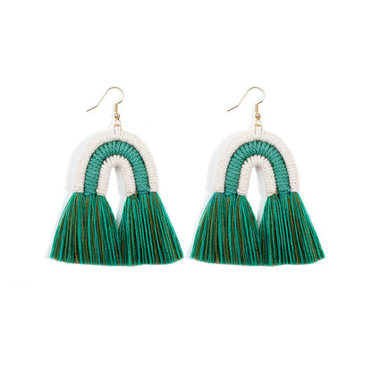 Rainbow Tassel Fringe Earrings – Handwoven Fiber Statement Dangles