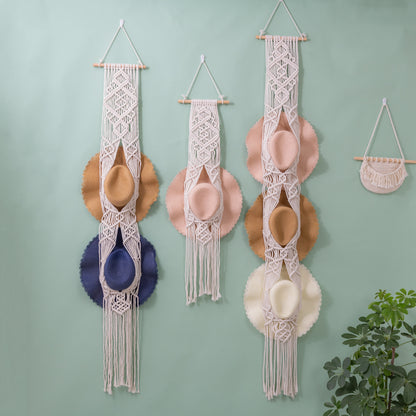 Handcrafted Macramé Hat Organizer for Stylish Wall Display - Diamond