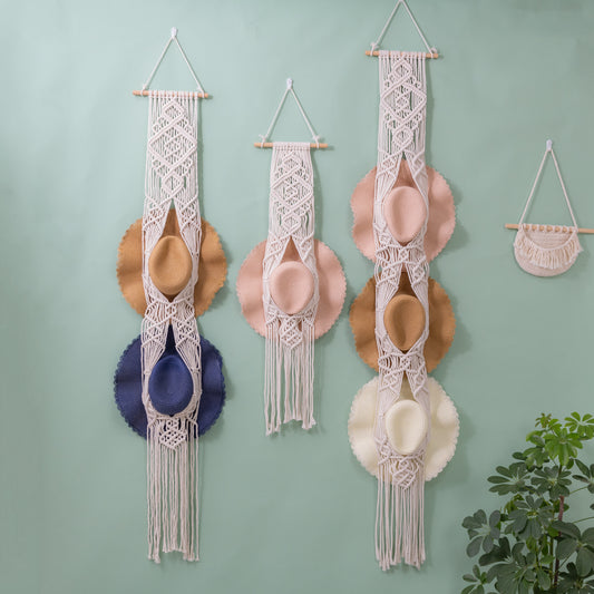 Handcrafted Macramé Hat Organizer for Stylish Wall Display - Diamond