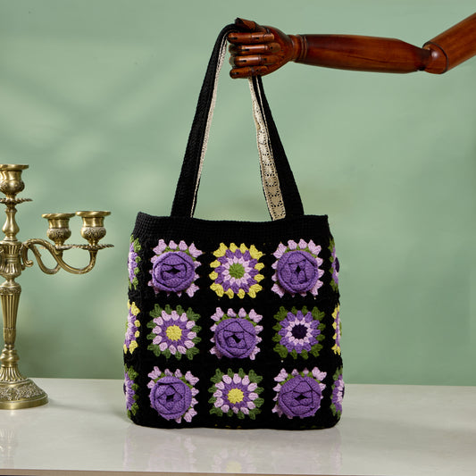 Handmade Boho Colorful Granny Square Crochet Shoulder Bag - Peony