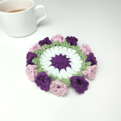 Handmade Crochet Flower Coaster – Yarn Coffee Mug Mat, Cute Knit Drink Pad