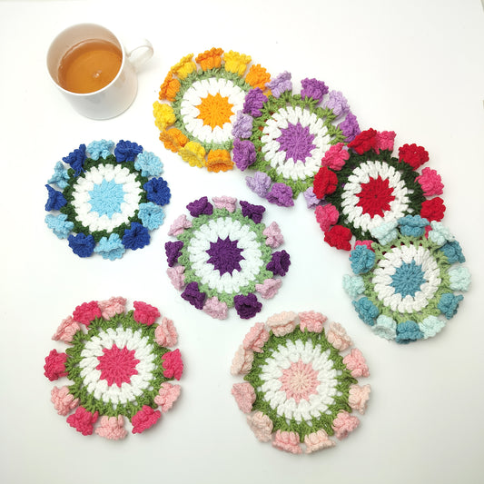 Handmade Crochet Flower Coaster – Yarn Coffee Mug Mat, Cute Knit Drink Pad
