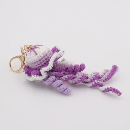 Handmade Crochet Jellyfish Keychain – Purple & White Amigurumi Jellyfish Bag Charm | Ocean Animal Key Ring