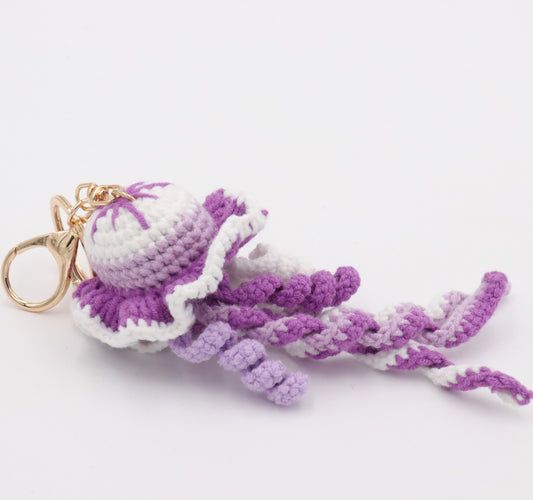 Handmade Crochet Jellyfish Keychain – Purple & White Amigurumi Jellyfish Bag Charm | Ocean Animal Key Ring