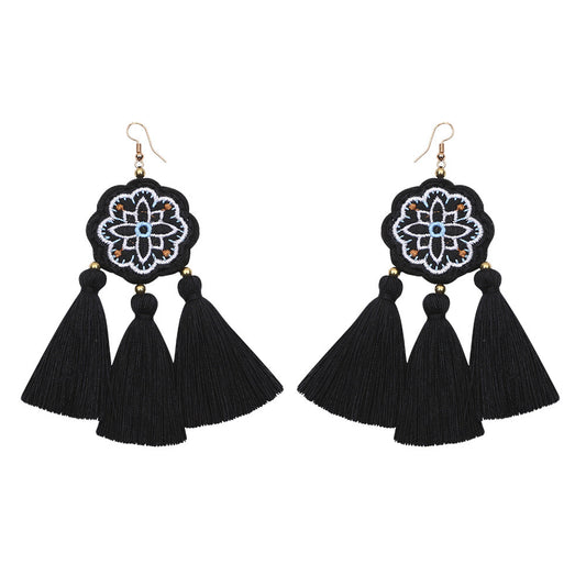 Black Tassel Statement Earrings – Embroidered Floral Boho Dangles