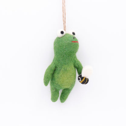 Handmade Wool Felt Frog Ornament with Bee – Needle Felt Animal Decor
