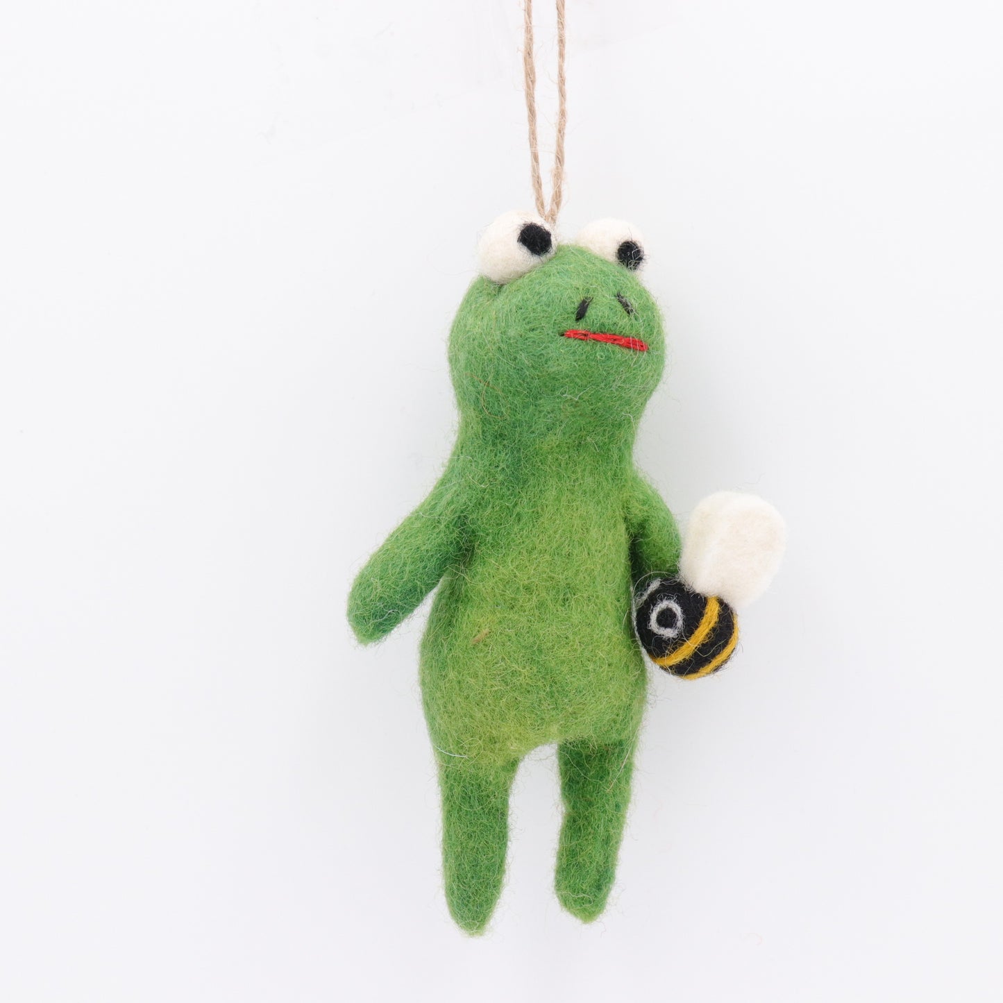 Handmade Wool Felt Frog Ornament with Bee – Needle Felt Animal Decor