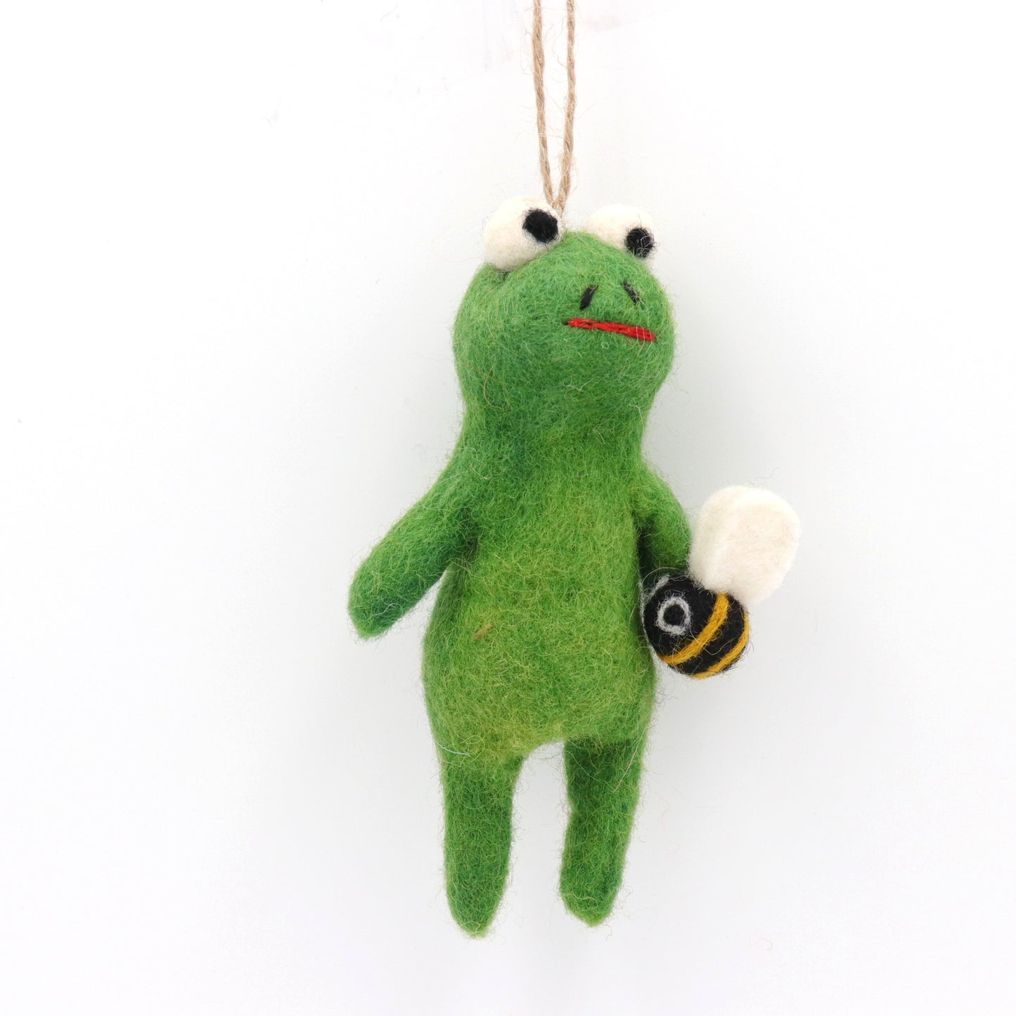 Handmade Wool Felt Frog Ornament with Bee – Needle Felt Animal Decor