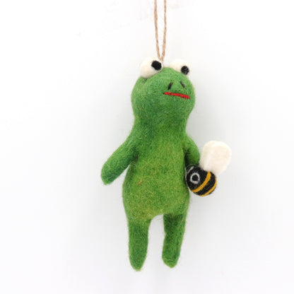 Handmade Wool Felt Frog Ornament with Bee – Needle Felt Animal Decor
