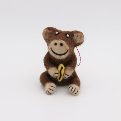 Handmade Wool Felt Monkey Ornament with Banana – Needle Felt Animal Decor