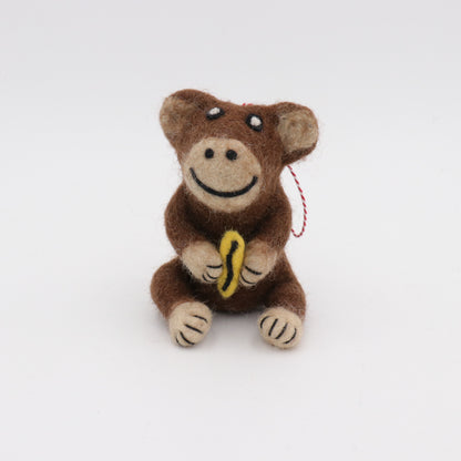Handmade Wool Felt Monkey Ornament with Banana – Needle Felt Animal Decor