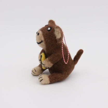 Handmade Wool Felt Monkey Ornament with Banana – Needle Felt Animal Decor
