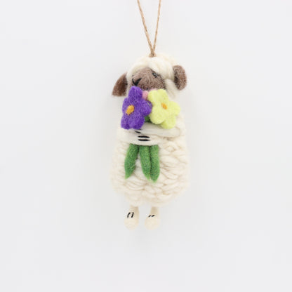 Handmade Wool Felt Sheep Ornament with Flowers