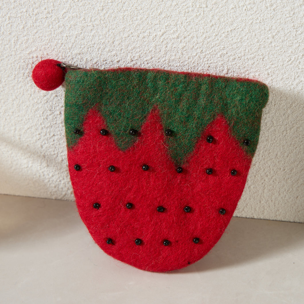 Strawberry Felt Wallet - Wool Felt Pouch Hand Carry Coin Purse