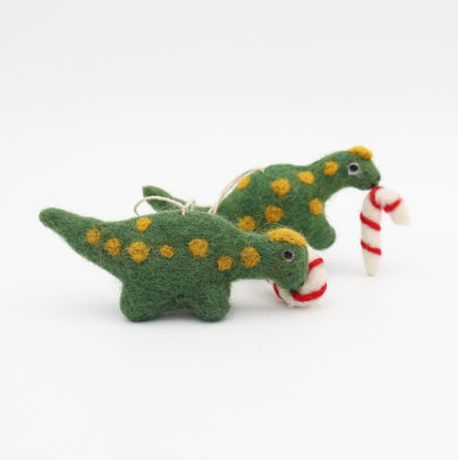 Felt Dinosaur Christmas Ornament - Green Dino with Candy Canes
