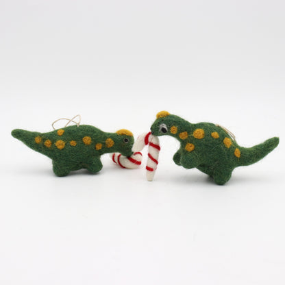 Felt Dinosaur Christmas Ornament - Green Dino with Candy Canes