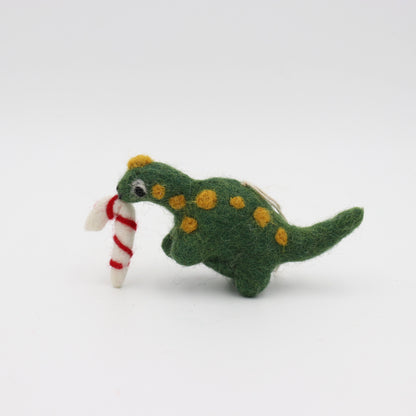 Felt Dinosaur Christmas Ornament - Green Dino with Candy Canes