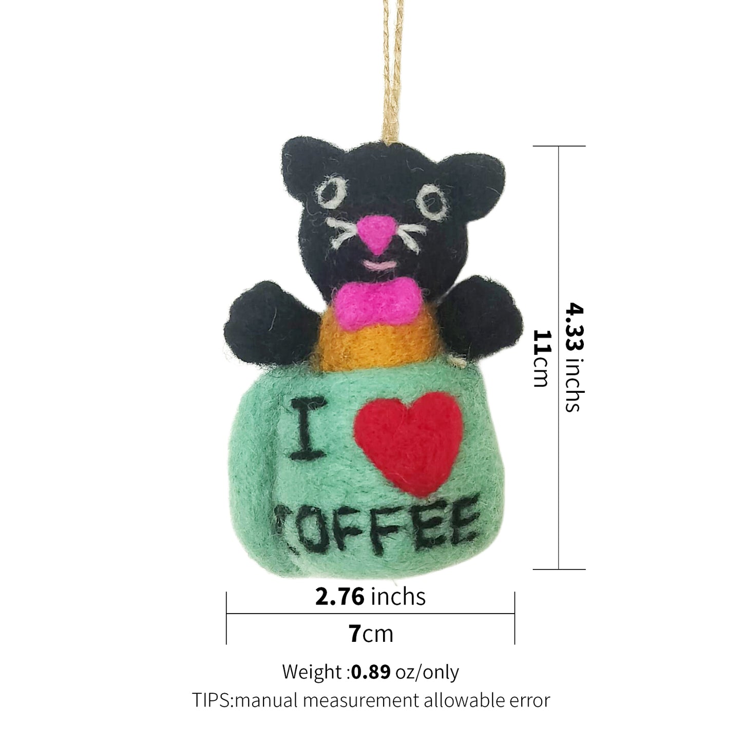 Handmade Wool Felt Black Cat in Mug Ornament
