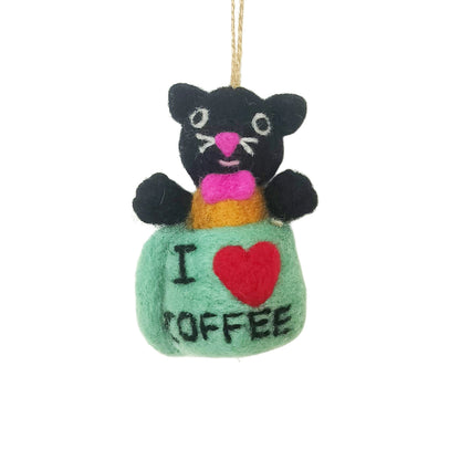 Handmade Wool Felt Black Cat in Mug Ornament