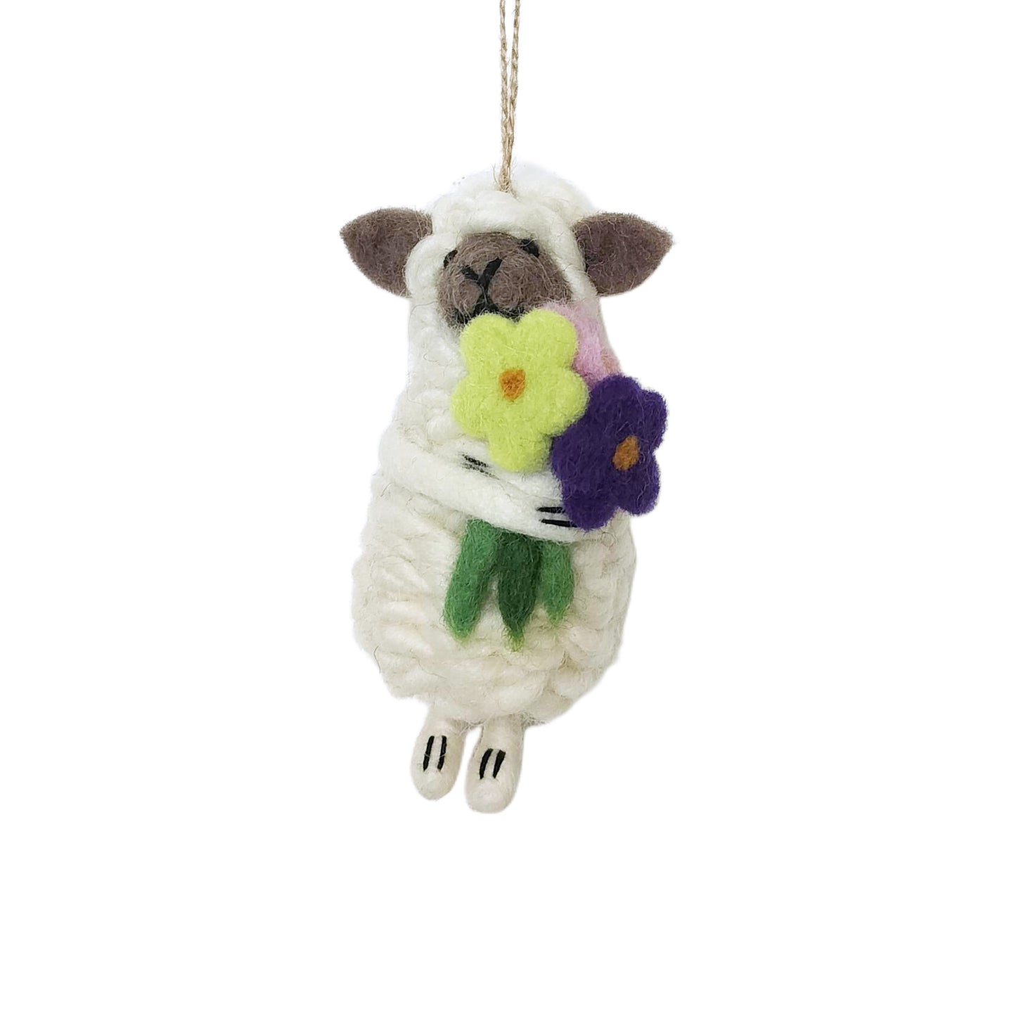 Handmade Wool Felt Sheep Ornament with Flowers