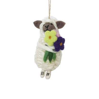 Handmade Wool Felt Sheep Ornament with Flowers