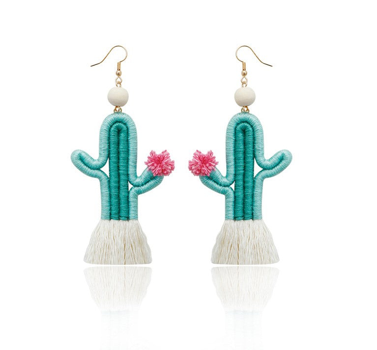 Cactus Tassel Earrings – Boho Plant Dangle Earrings, Lightweight Fringe Earrings