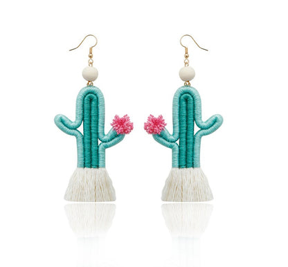 Cactus Tassel Earrings – Boho Plant Dangle Earrings, Lightweight Fringe Earrings