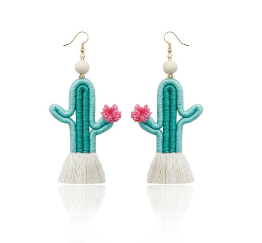 Cactus Tassel Earrings – Boho Plant Dangle Earrings, Lightweight Fringe Earrings