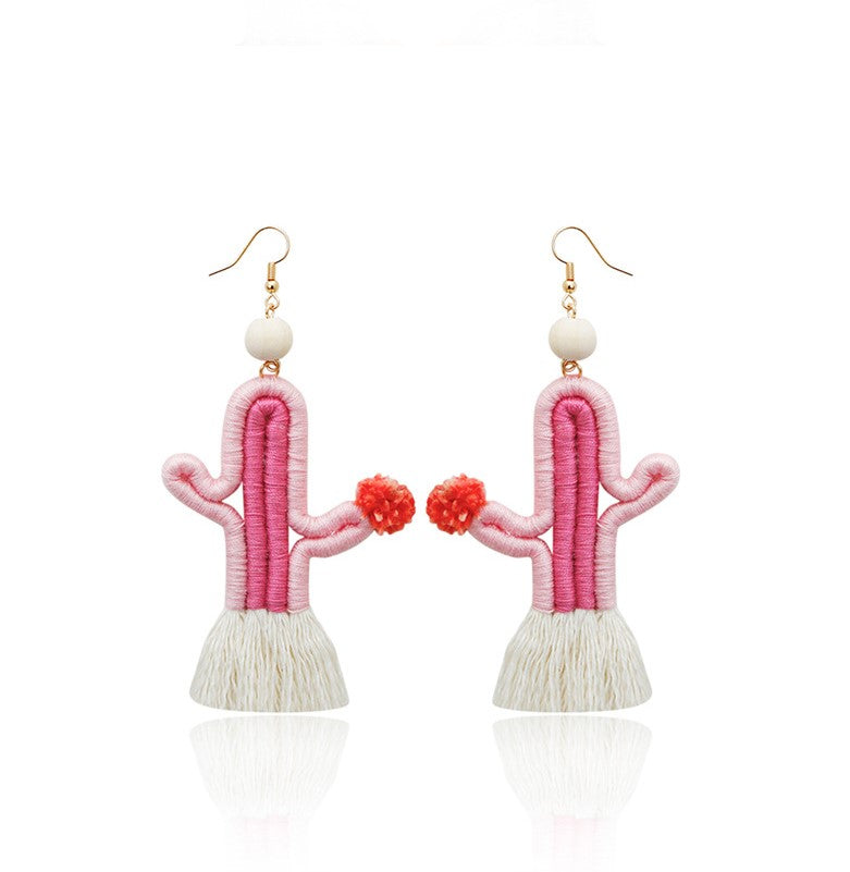 Cactus Tassel Earrings – Boho Plant Dangle Earrings, Lightweight Fringe Earrings