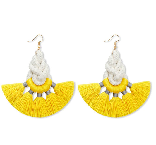 Boho Tassel Earrings – Yellow & Pink Fringe Fan Statement Dangle, Lightweight Rope Knot Earrings